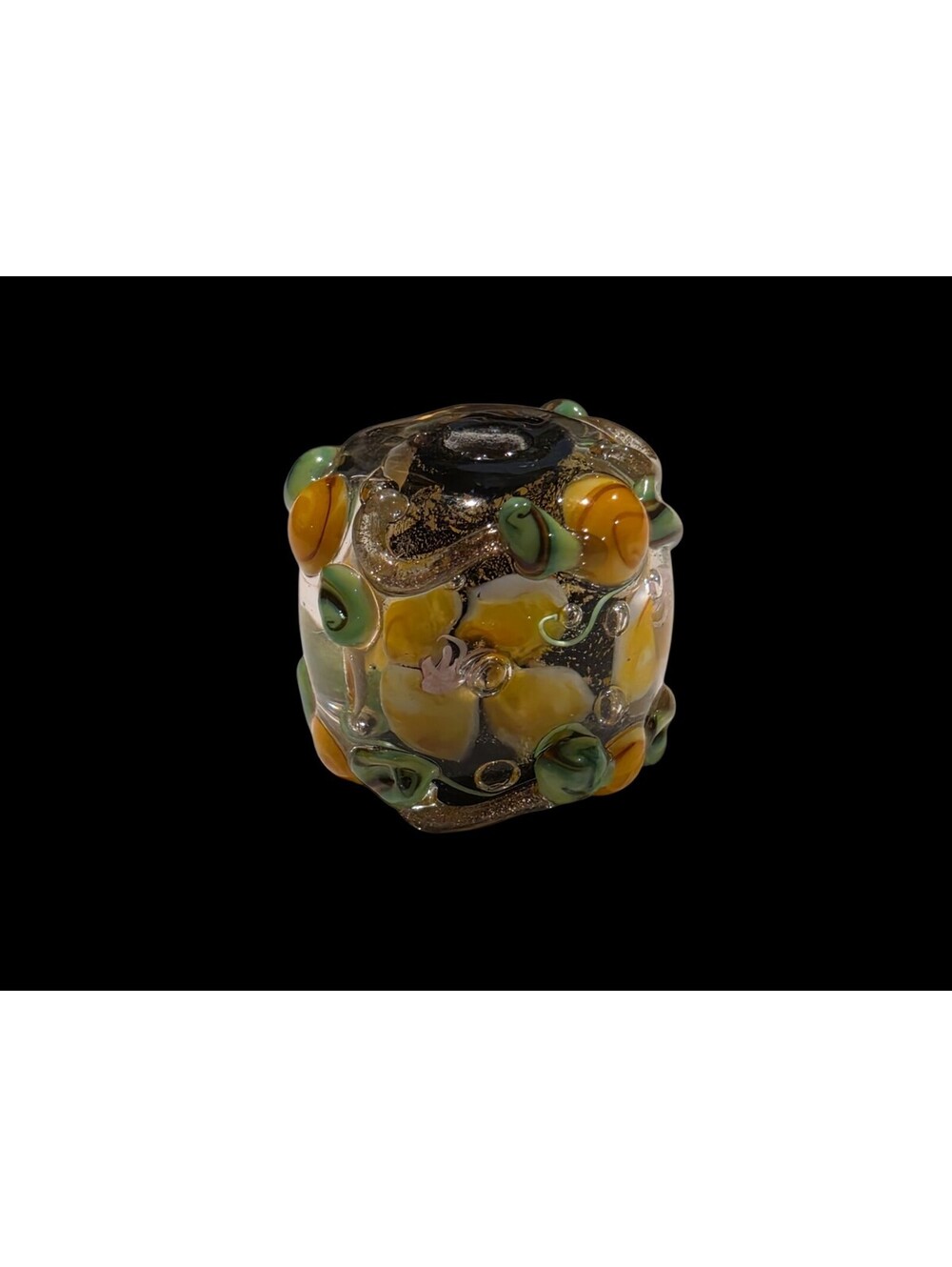Signed LS Artisan Lampwork Glass Floral Goldstone Focal Bead 17mm 10g